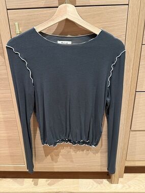 Madewell Black Long-Sleeve Top with White Lettuce-Edge Trim